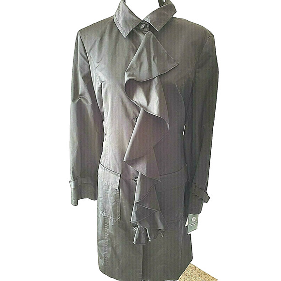 Doncaster Collection Womens Black Ruffle Front Tie Waist Trench Coat Jacket 16 - Picture 1 of 8